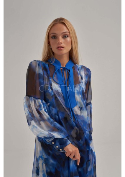 Desenli Mavi Yakadan Bağlamalı Elbise fiyatları