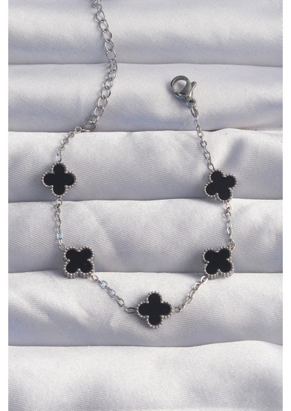 316L Çelik Baby Boy Gümüş Renk Siyah Mineli Yonca Bileklik