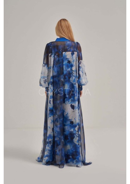 Desenli Mavi Yakadan Bağlamalı Elbise modelleri