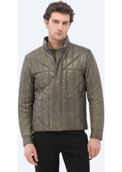 Zeytin Yeşili Regular Fit Dik Yaka Smart Casual Koyun Derisi Deri Mont