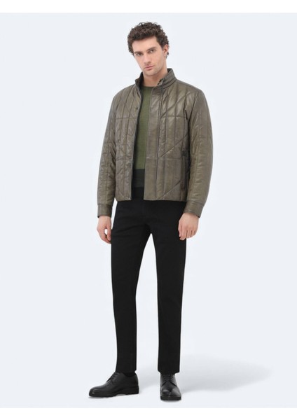 Zeytin Yeşili Regular Fit Dik Yaka Smart Casual Koyun Derisi Deri Mont fiyatları