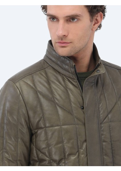 Zeytin Yeşili Regular Fit Dik Yaka Smart Casual Koyun Derisi Deri Mont modelleri