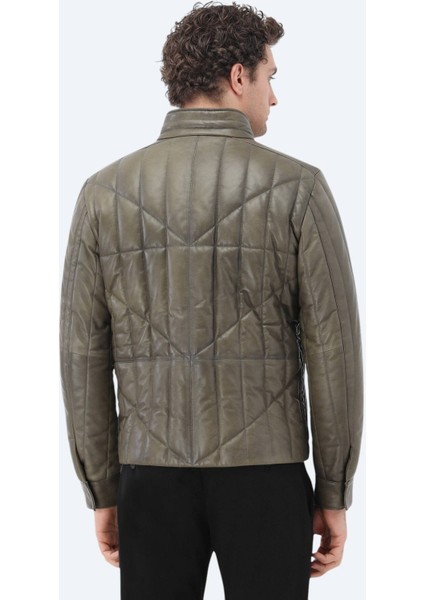 Zeytin Yeşili Regular Fit Dik Yaka Smart Casual Koyun Derisi Deri Mont fırsatları