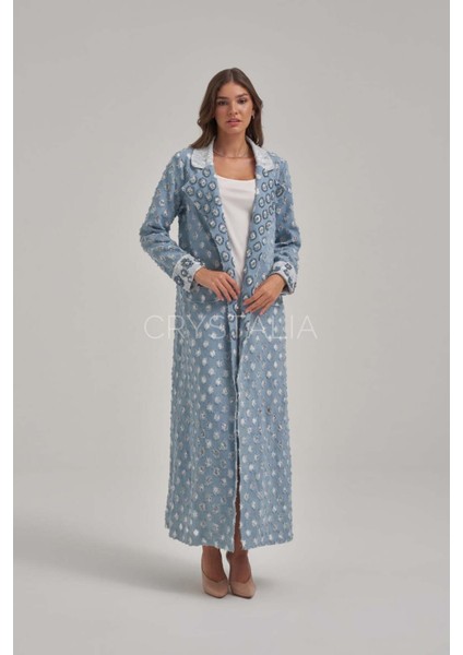 Desenli Kot Işlemeli Uzun Ceket