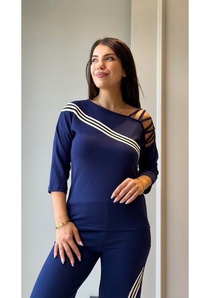 Kadın Uzun Kollu Truvakar Kol Tek Omuz Çapraz Şerit Detaylı Ribanalı Viskon Iki Iplik Bluz ve Pantolon Ikili Takım fiyatları
