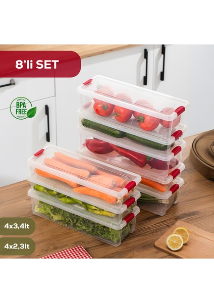 8li Kilitli Kapaklı Yiyecek Erzak Saklama Kabı Seti - Buzdolabı Düzenleyici Organizeri