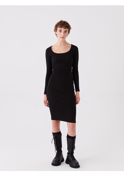 Yeni Sezon Kare Yaka Düz Uzun Kollu Kadın Bodycon Elbise