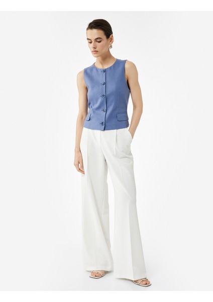 Aplike Detaylı Düğmeli Bisiklet Yaka Keten Yelek