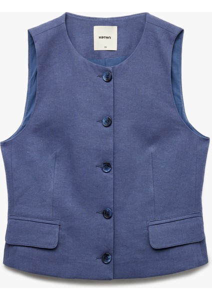 Aplike Detaylı Düğmeli Bisiklet Yaka Keten Yelek fiyatları