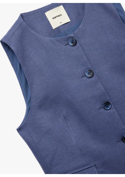 Aplike Detaylı Düğmeli Bisiklet Yaka Keten Yelek fırsatları