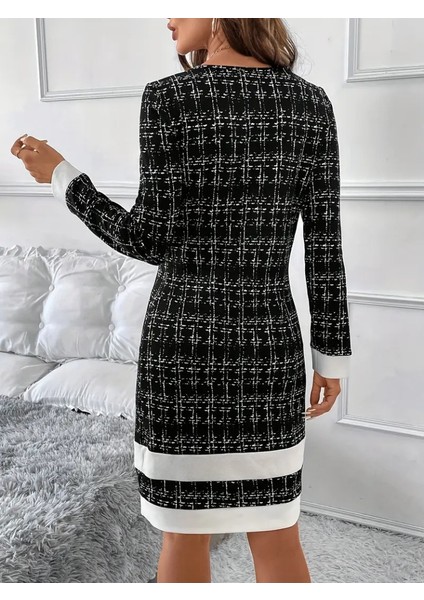 Kadın Uzun Kollu Yuvarlak Yaka Etek Ucu Şerit Detaylı Kısa Dokuma Elbise modelleri