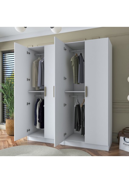 BA163 Geniş Gardırop Elbise Dolabı 4 Kapaklı 2 Raflı 4 Askılı Modüler Dolap Beyaz