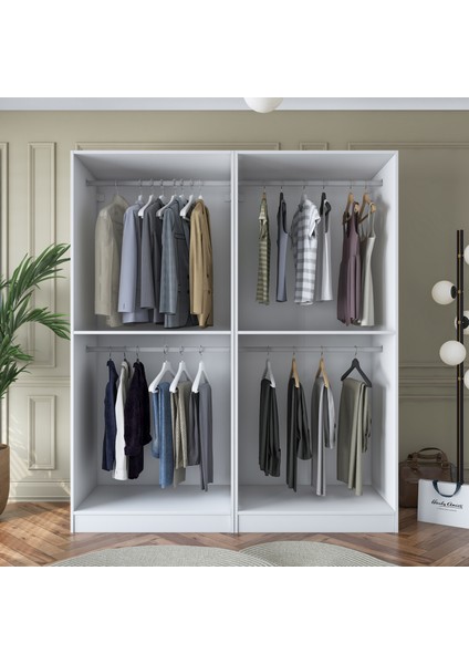 BA163 Geniş Gardırop Elbise Dolabı 4 Kapaklı 2 Raflı 4 Askılı Modüler Dolap Beyaz fırsatları