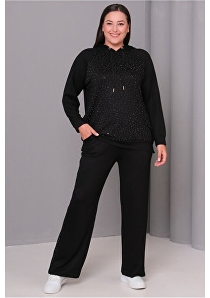 Kadın Kapüşonlu Eşofman Takım Büyük Beden Siyah Taş Detaylı %95 Viskon 65N39139