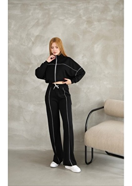 Kadın Geniş Paça Modal Kumaş Eşofman Takım Fermuarlı ve Cep Detaylı