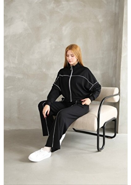 Kadın Geniş Paça Modal Kumaş Eşofman Takım Fermuarlı ve Cep Detaylı