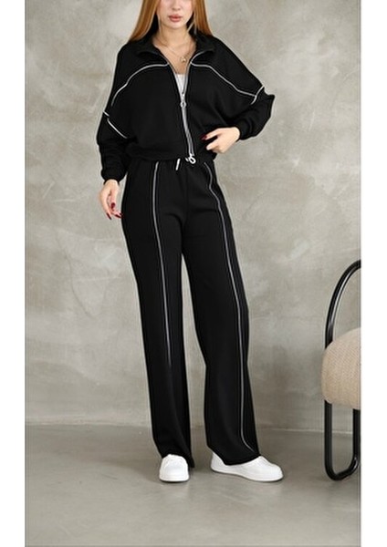 Kadın Geniş Paça Modal Kumaş Eşofman Takım Fermuarlı ve Cep Detaylı