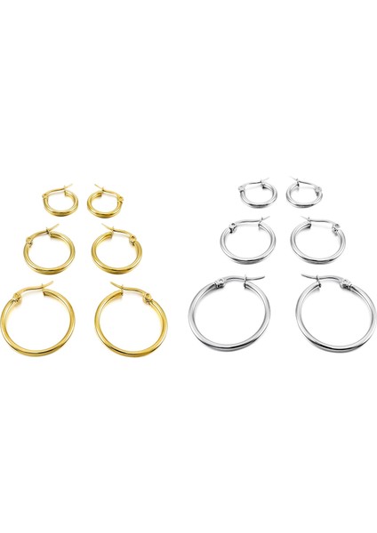 3 Çift Gümüş ve 3 Çift Altın 15MM 20MM 25MM Kadın Paslanmaz Çelik Çember Huggies Küpeler Seti (Yurt Dışından)