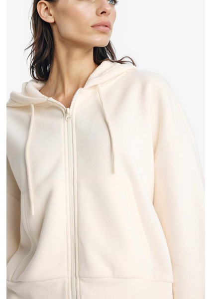 Cropped Fit Kapüşonlu Kalın Fermuarlı Sweatshirt Z7069AZ25WN indirimleri