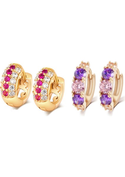 2 Çift Kadın Çember Küpe 1 Çift Mor Zirkon Küpe Kolye ve 1 Çifti Altın Zarif Cz Taş Altın Kaplama Piercing Takı (Yurt Dışından)
