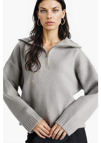 Oversize Geniş Kalıp Yarım Fermuarlı Dik Yaka Triko Kazak A8180AX25WN