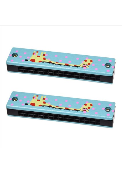 2x Ahşap Zürafa Deseni Çift Seri 32 Delik Mızıka Çocuk Mavisi (Yurt Dışından)