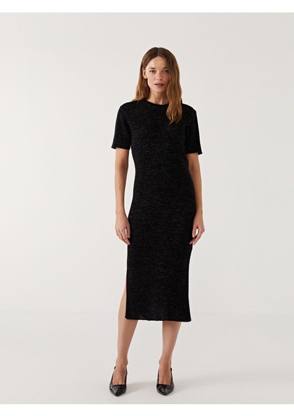 Yeni Sezon Bisiklet Yaka Parlak Görünümlü Kadın Triko Elbise