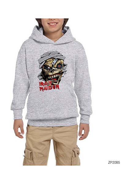 Iron Maiden Skull Cartoon Gri Çocuk Kapşonlu Sweatshirt