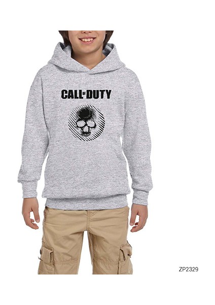Call Of Skull Gri Çocuk Kapşonlu Sweatshirt