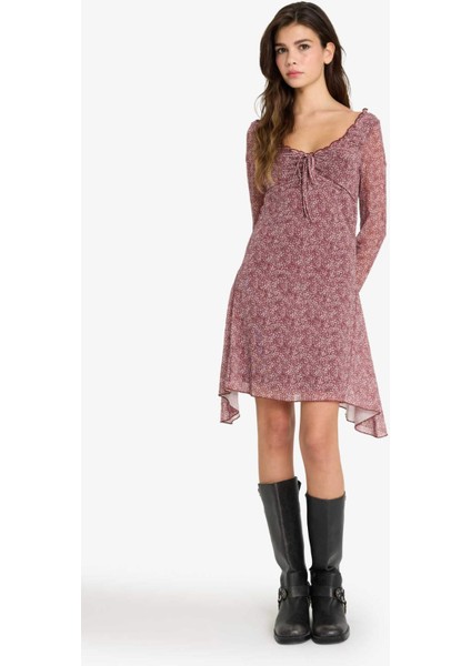 V Yaka Çiçekli Tül Uzun Kollu Mini Elbise F8195AX25SM