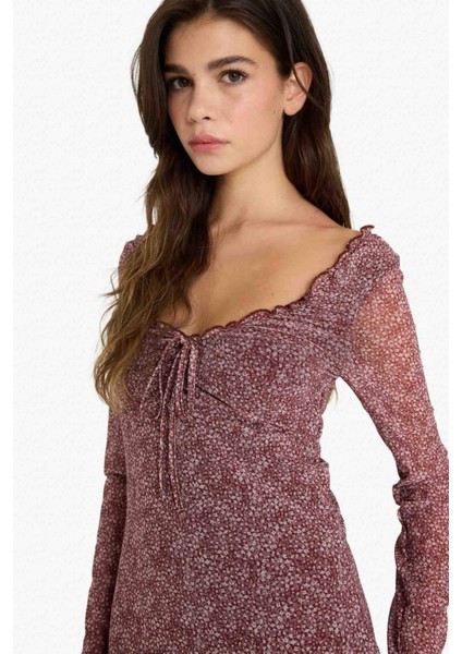 V Yaka Çiçekli Tül Uzun Kollu Mini Elbise F8195AX25SM modelleri