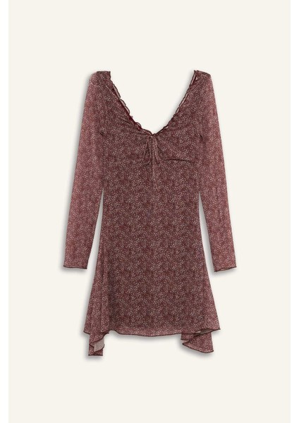 V Yaka Çiçekli Tül Uzun Kollu Mini Elbise F8195AX25SM fırsatları