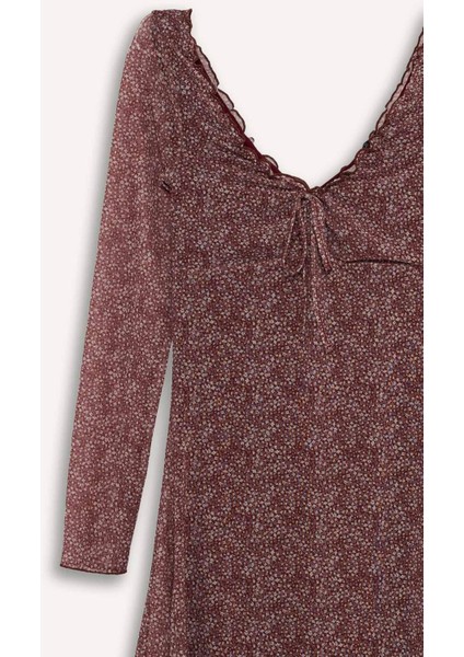 V Yaka Çiçekli Tül Uzun Kollu Mini Elbise F8195AX25SM indirimleri