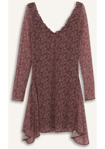 V Yaka Çiçekli Tül Uzun Kollu Mini Elbise F8195AX25SM