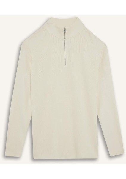 Standart Fit Normal Kesim Bato Yaka Fermuarlı Basic Düz Triko Kazak