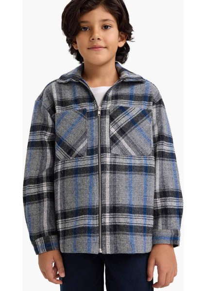 Erkek Çocuk Polo Yaka Ekose Desenli Fermuarlı Flanel Ceket G3295A825WN