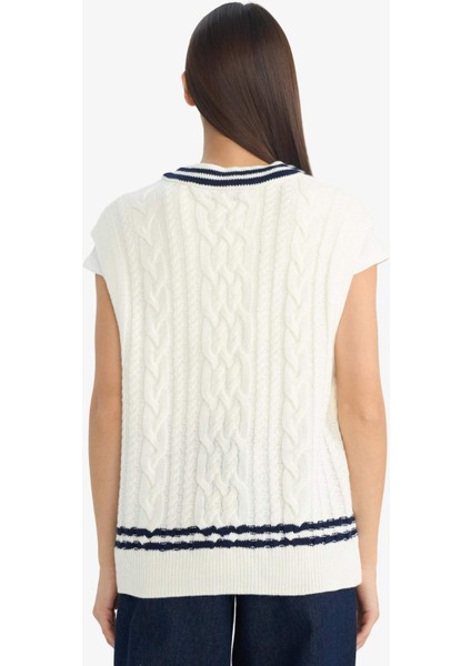 Regular Fit V Yaka Saç Örgü Desenli Triko Süveter D4686AX25WN