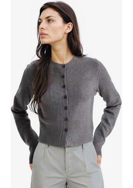 Slim Fit Dar Kesim Bisiklet Yaka Düğmeli Triko Hırka E8236AX25WN