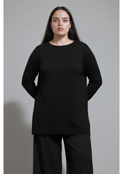 Regular Fit Bisiklet Yaka Yırtmaçlı Basic Düz Triko Kazak Tunik