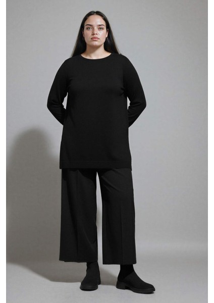 Regular Fit Bisiklet Yaka Yırtmaçlı Basic Düz Triko Kazak Tunik fiyatları