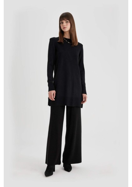 Regular Fit Bisiklet Yaka Yırtmaçlı Basic Düz Triko Kazak Tunik fırsatları