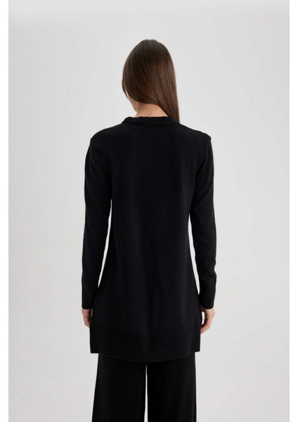 Regular Fit Bisiklet Yaka Yırtmaçlı Basic Düz Triko Kazak Tunik