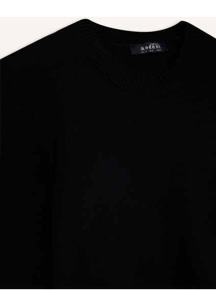 Regular Fit Bisiklet Yaka Yırtmaçlı Basic Düz Triko Kazak Tunik