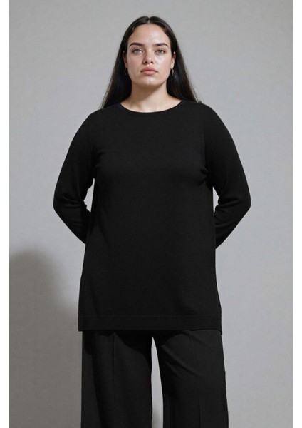 Regular Fit Bisiklet Yaka Yırtmaçlı Basic Düz Triko Kazak Tunik