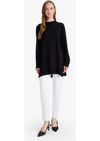 Regular Fit Bisiklet Yaka Yırtmaçlı Basic Düz Triko Kazak Tunik fırsatları