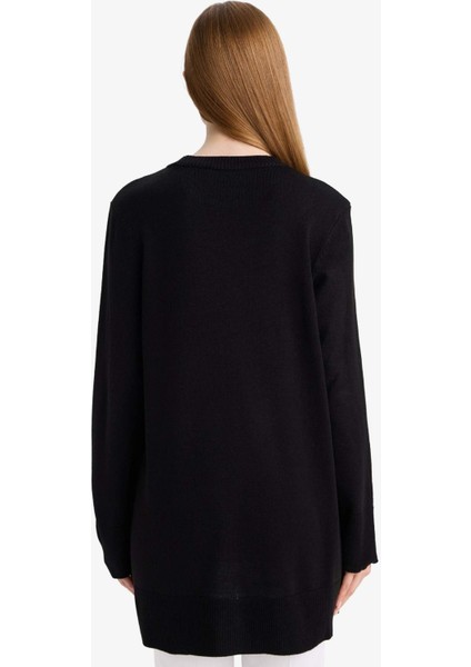 Regular Fit Bisiklet Yaka Yırtmaçlı Basic Düz Triko Kazak Tunik