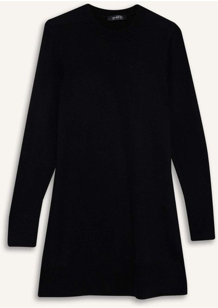 Regular Fit Bisiklet Yaka Yırtmaçlı Basic Düz Triko Kazak Tunik