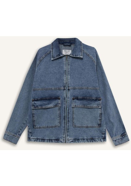 Relax Fit Fermuarlı Denim Ceket F0097AX25AU fırsatları