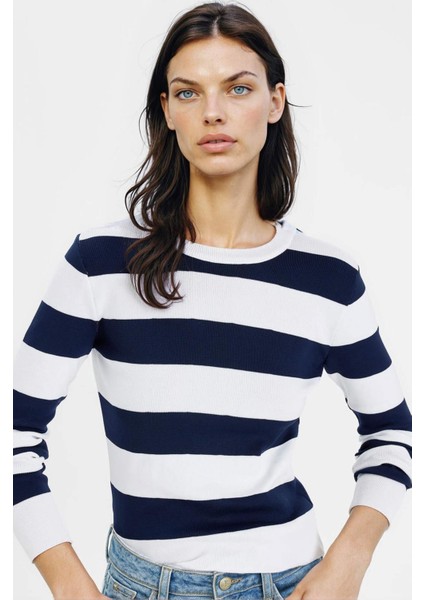 Regular Fit Bisiklet Yaka Çizgili Triko Kazak W0052AZ24AU