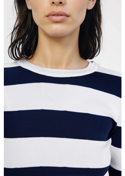 Regular Fit Bisiklet Yaka Çizgili Triko Kazak W0052AZ24AU fırsatları